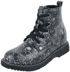 Black Lace-Up Boots with Skull and Roses Print, Black Premium by EMP, Kinderlaarzen