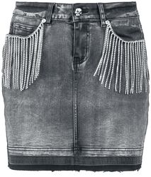 Grey Denim Skirt with Rhinestone Chains, Rock Rebel by EMP, Korte rok