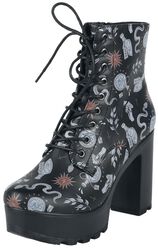 Platform lace-up ankle boots with all-over print, Gothicana by EMP, Talons hauts
