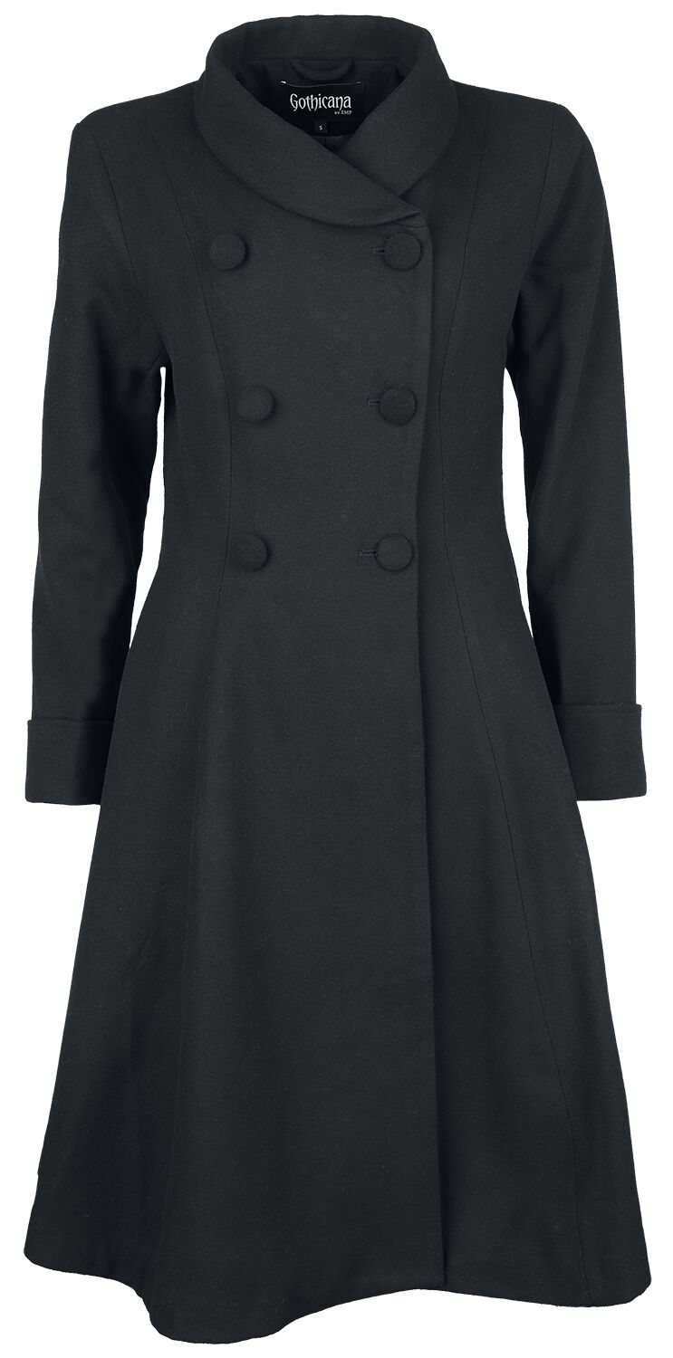 Veste D'hiver Femme Gothicana By EMP - Noir Avec Ceinture, Capuche à Fausse Fourrure, 100% Coton, Style Gothic Rock