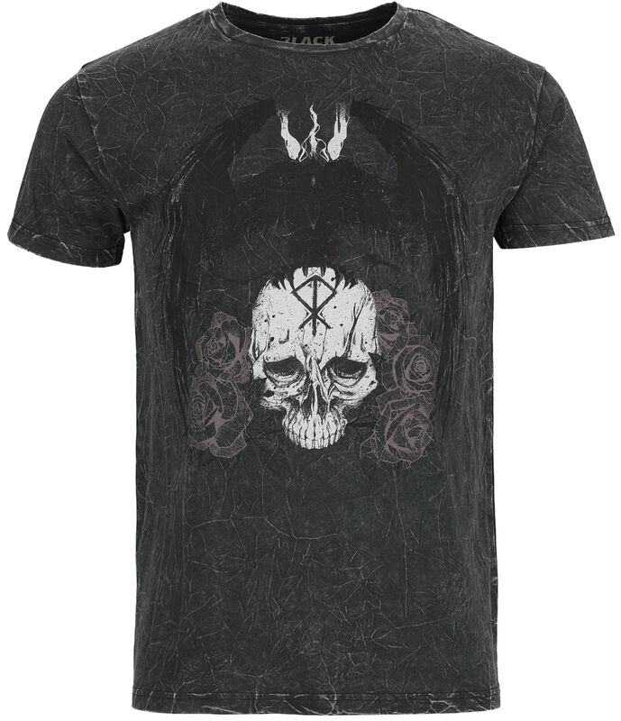 Black Washed T-Shirt with Skull and Crow Print