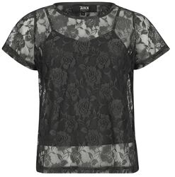Dubbellaags t-shirt van kant met bloemenmotief, Black Premium by EMP, T-shirt