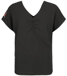 T-shirt with shirred V-neck, Black Premium by EMP, T-shirt