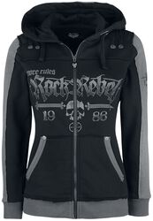 Black Hooded Jacket with Rock Rebel and Skull Prints, Rock Rebel by EMP, Vest met capuchon