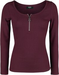 Burgundy Long-Sleeve Shirt with Zip at Neckline, Black Premium by EMP, Shirt met lange mouwen