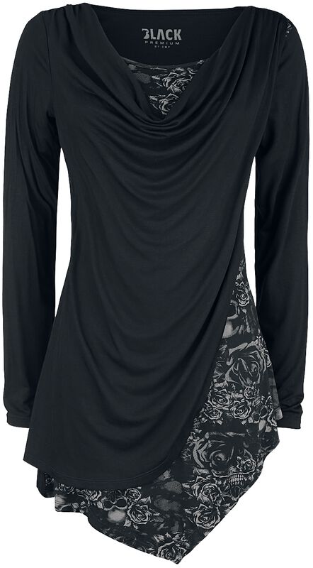 Black Long-Sleeve Shirt with Waterfall Neckline and Print