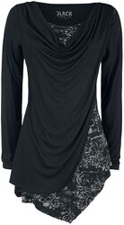Black Long-Sleeve Shirt with Waterfall Neckline and Print, Black Premium by EMP, Shirt met lange mouwen
