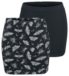 Double Pack of Black Skirts in Block Colour and with Print, Gothicana by EMP, Korte rok