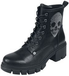 Black Lace-Up Boots with Rhinestone Skull, Rock Rebel by EMP, Laars